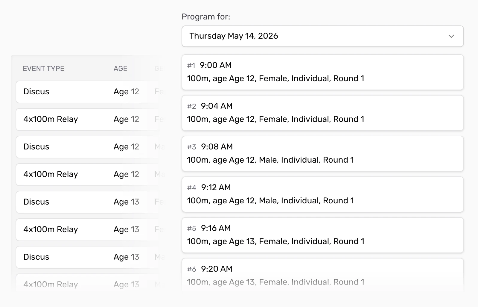 Athletics program with timed 100 metre heats beside discus and relay events still to schedule