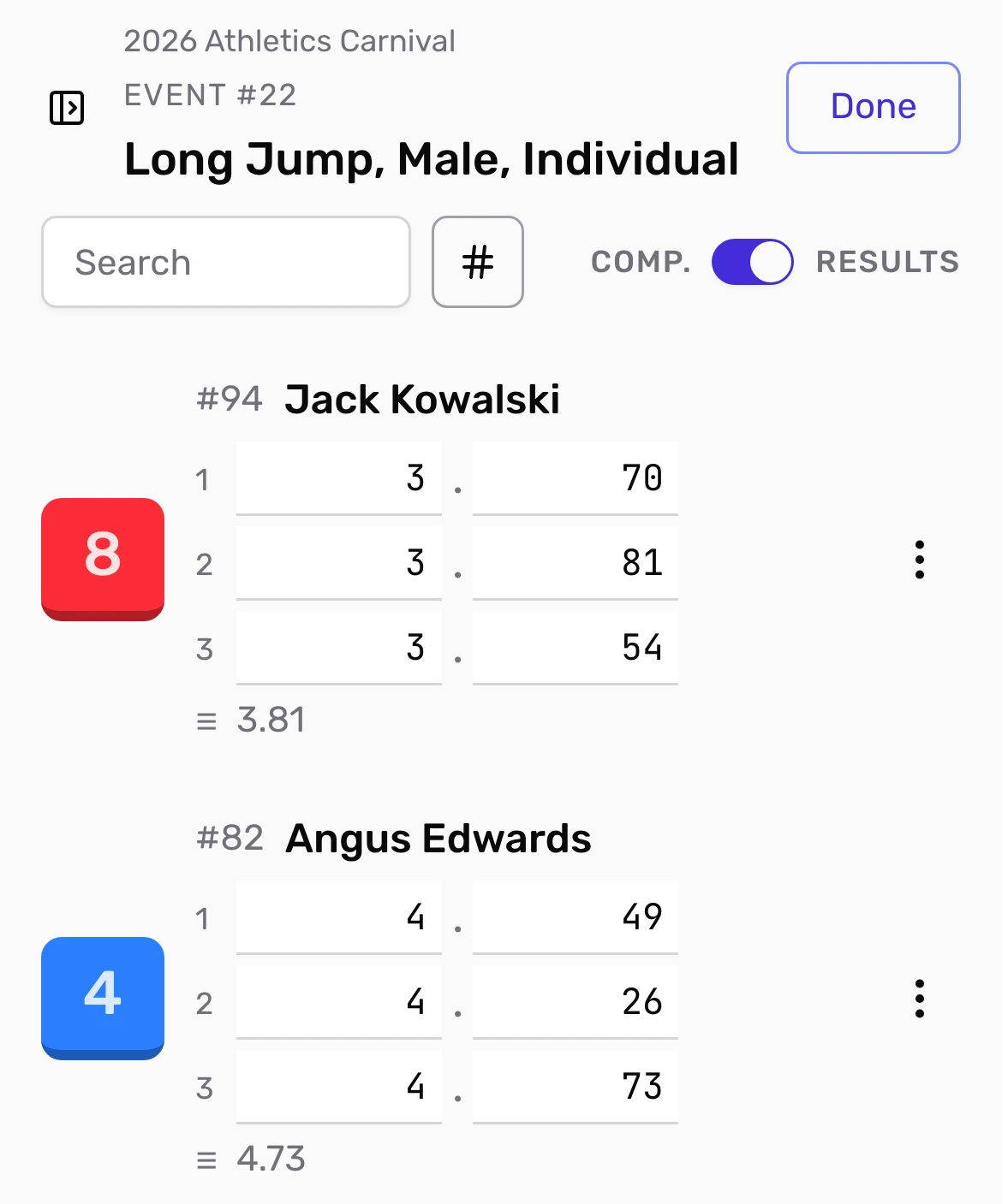Phone result entry for long jump, with three attempts and the best result for each student