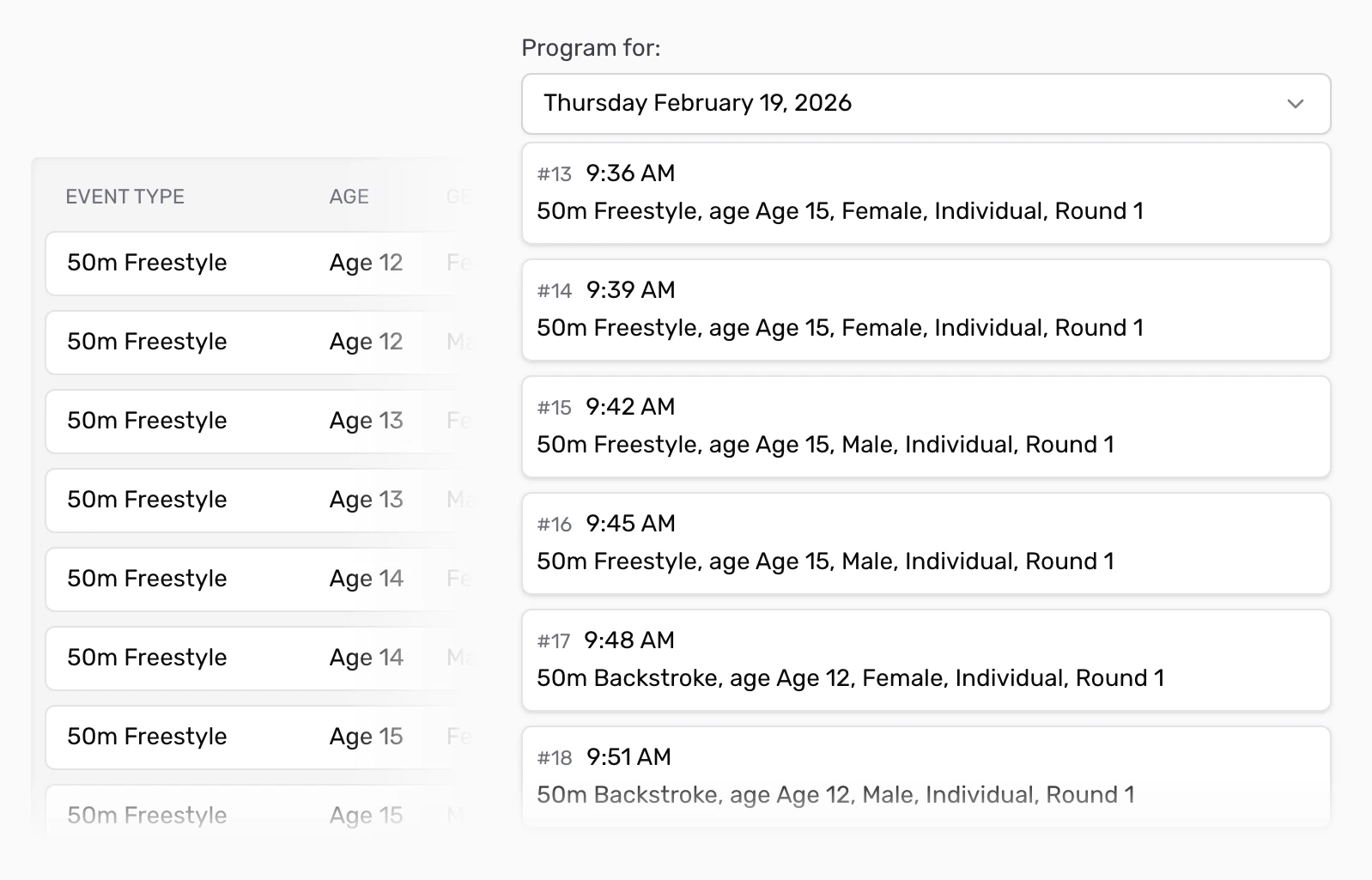 Swimming program with timed freestyle and backstroke events beside freestyle finals still to schedule