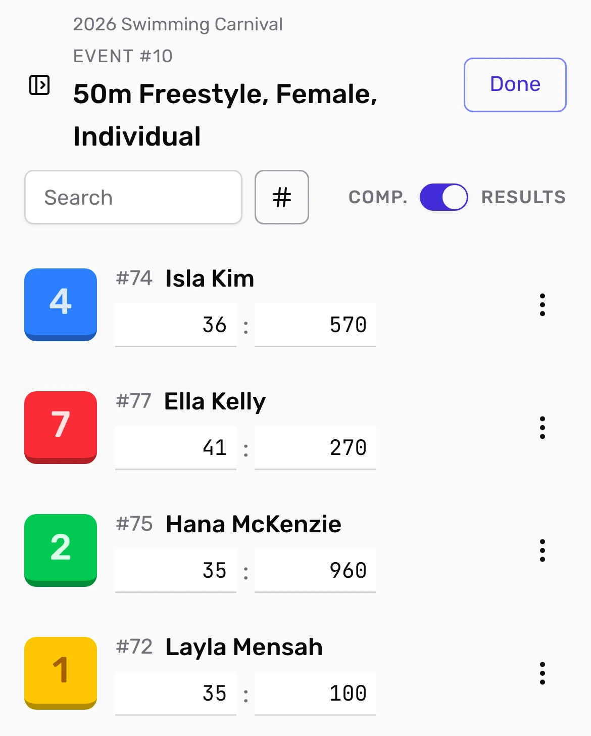 Phone result entry for a 50 metre freestyle heat, with lanes, swimmers and recorded times